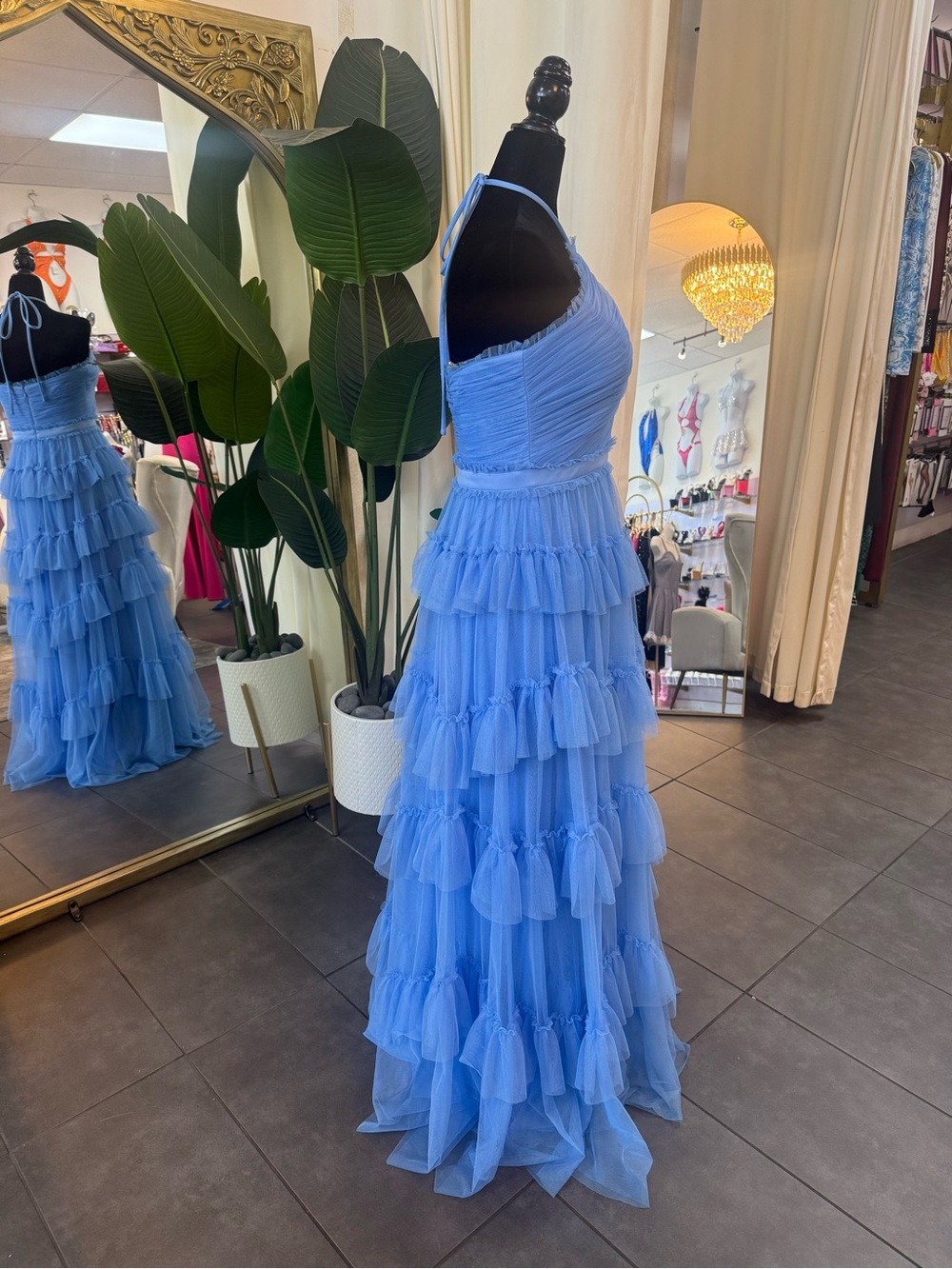 Camille La Vie Powder Blue Halter Ruffle Tiered Maxi Dress - Picture 2 of 4